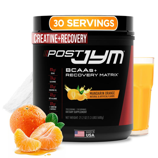 JYM Post JYM Active Matrix Mandarin Orange tub for post-workout recovery.