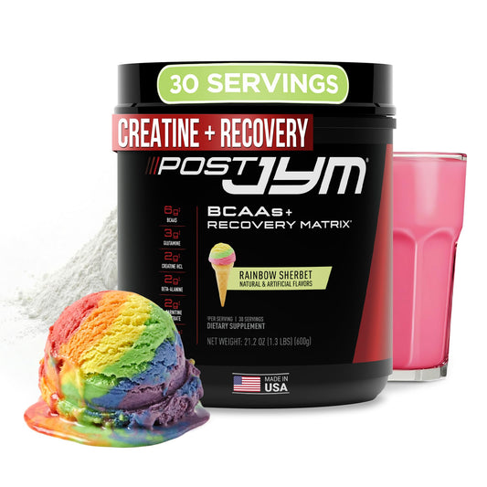 JYM Post JYM Rainbow Sherbet tub ready for post-workout recovery