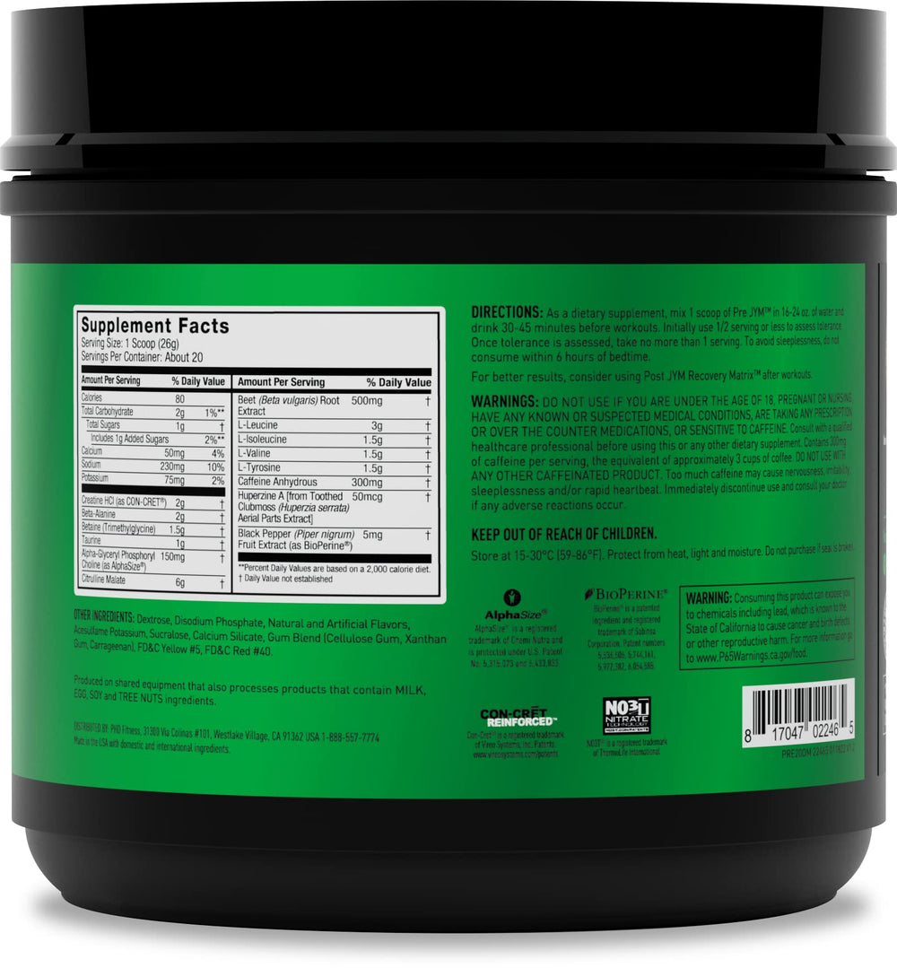 JYM PRE JYM Orange Mango bottle label closeup shows trusted ingredients for performance.