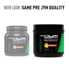 Shake-ready setup with JYM PRE JYM Orange Mango illustrates convenient pre-workout routine.