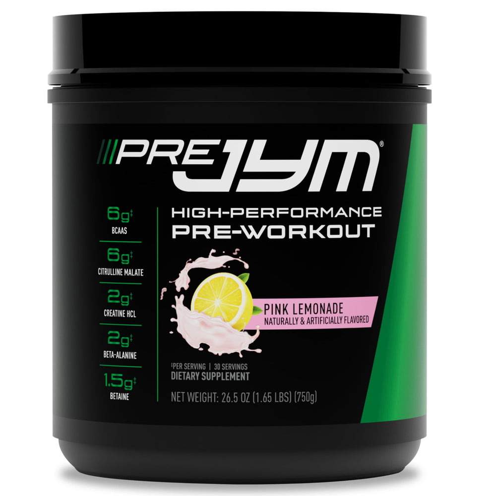 Pouring Pre JYM Pink Lemonade powder into water for quick activation.