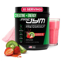 JYM Pre JYM strawberry kiwi bottle for convenient pre-workout fueling.