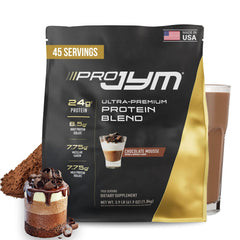 JYM Pro Chocolate Mousse bottle shows the protein blend for recovery potential.