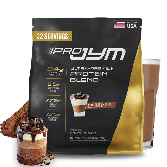 JYM Pro Chocolate Mousse protein powder bottle shows premium blend for post-workout recovery.