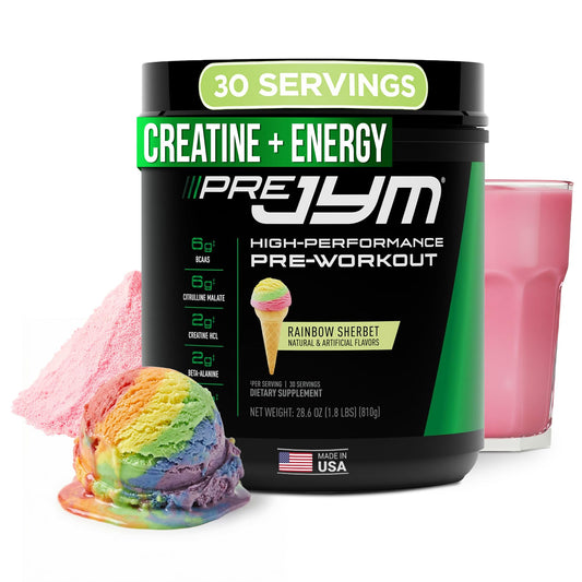 JYM Pre JYM Rainbow Sherbet powder with scoop for a quick pre-workout mix
