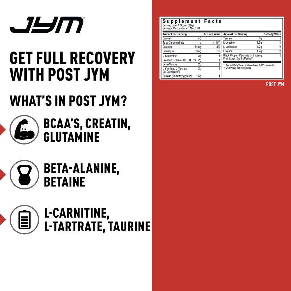 JYM Active Matrix with carnitine and glutamine enhances post-workout repair and muscle recovery.
