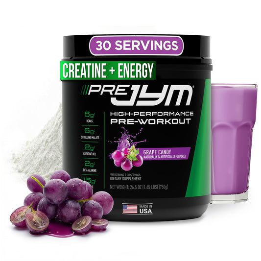 JYM Pre JYM grape candy bottle showing the ingredient blend for workouts