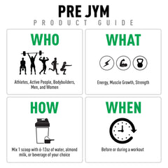 Ingredient label highlights BCAA and creatine components in Pre JYM