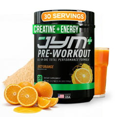 JYM Pre JYM Plus orange bottle delivering powerful pumps for intense workouts