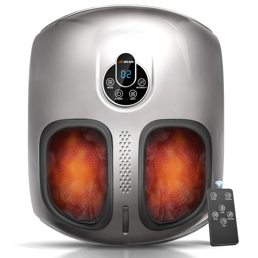 JZBRAIN Shiatsu Foot Massager front view showing compact design and sleek silver finish for home use