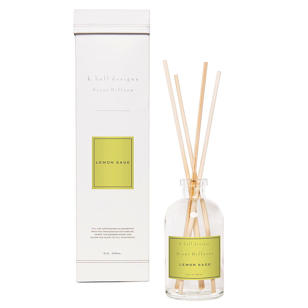 K. Hall Designs Lemon Sage diffuser bottle releases a long-lasting citrus-herb fragrance.