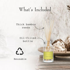 K. Hall Designs Lemon Sage glass diffuser highlights refillable design for home use.
