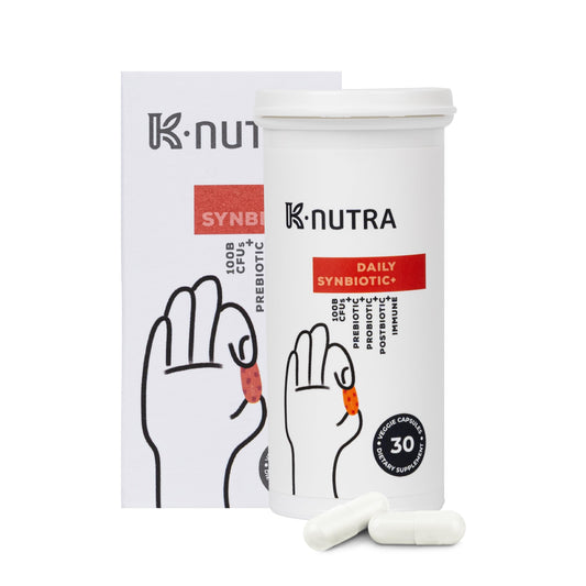 K-NUTRA Daily Synbiotic+ capsules in bottle for daily digestive support.