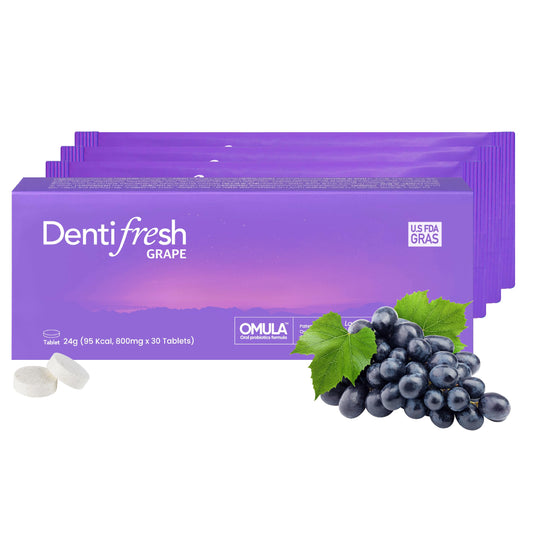 K-NUTRA Dentifresh Xylitol Tabs Grape packshot showing a 30-tablet box for daily use