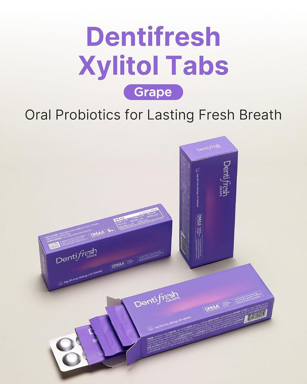 K-NUTRA Dentifresh Xylitol Tabs Grape tablets close-up highlighting grape flavor and sugar-free formula