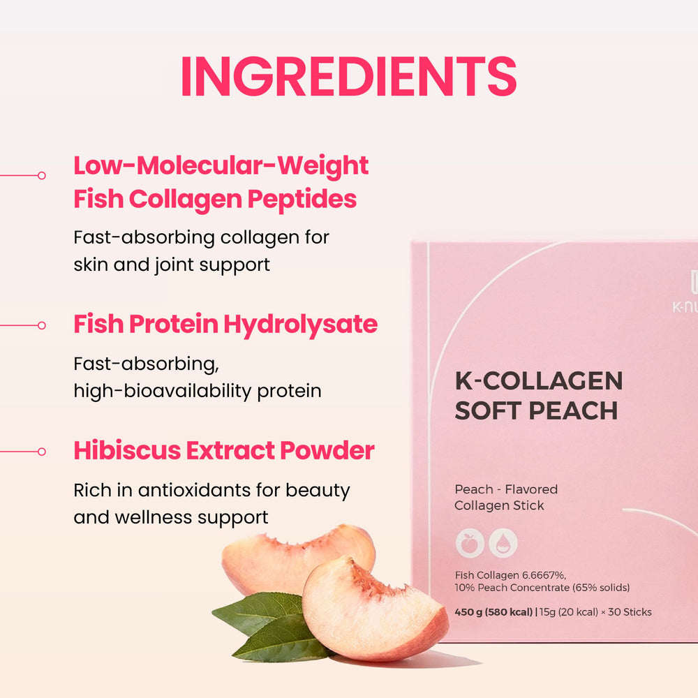 K-NUTRA K-Collagen Soft Peach with Vitamin C boost for skin-friendly nutrients.