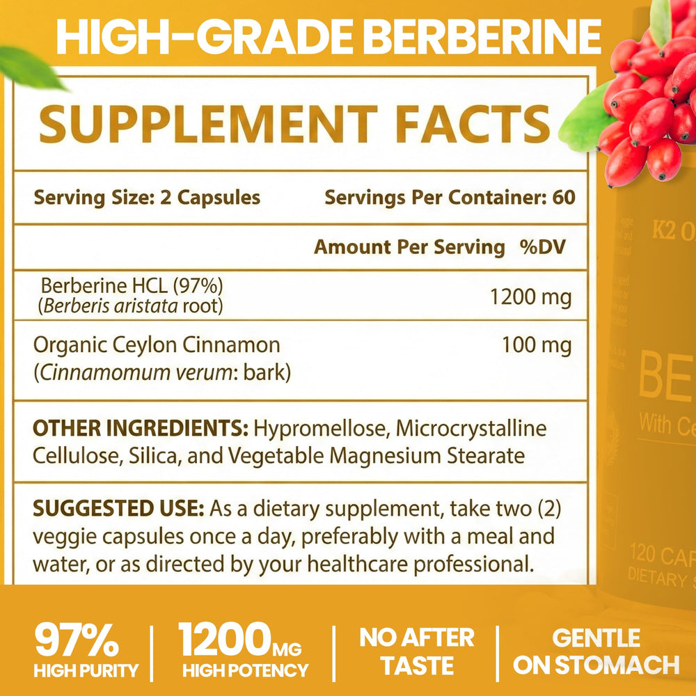 K2 Organics berberine capsules close-up emphasizing potency