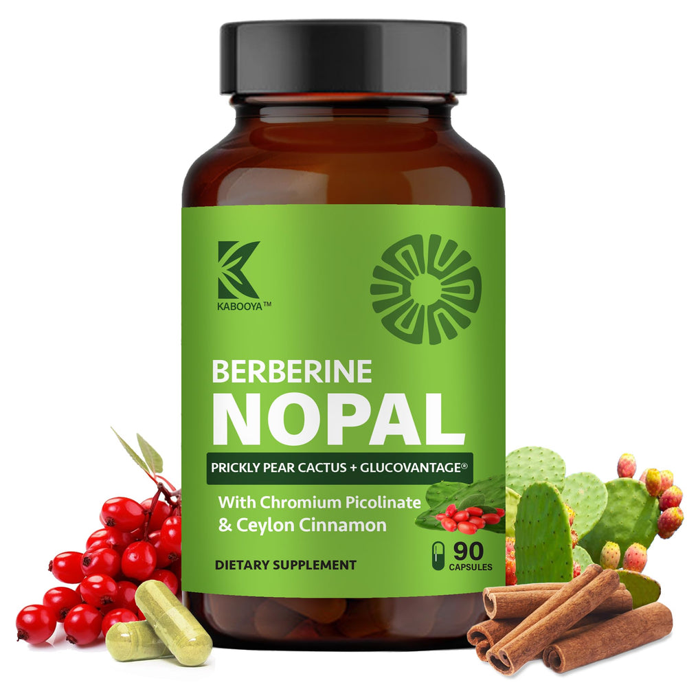 Kabooya Berberine Nopal supplement bottle shown for daily metabolic balance on your counter.