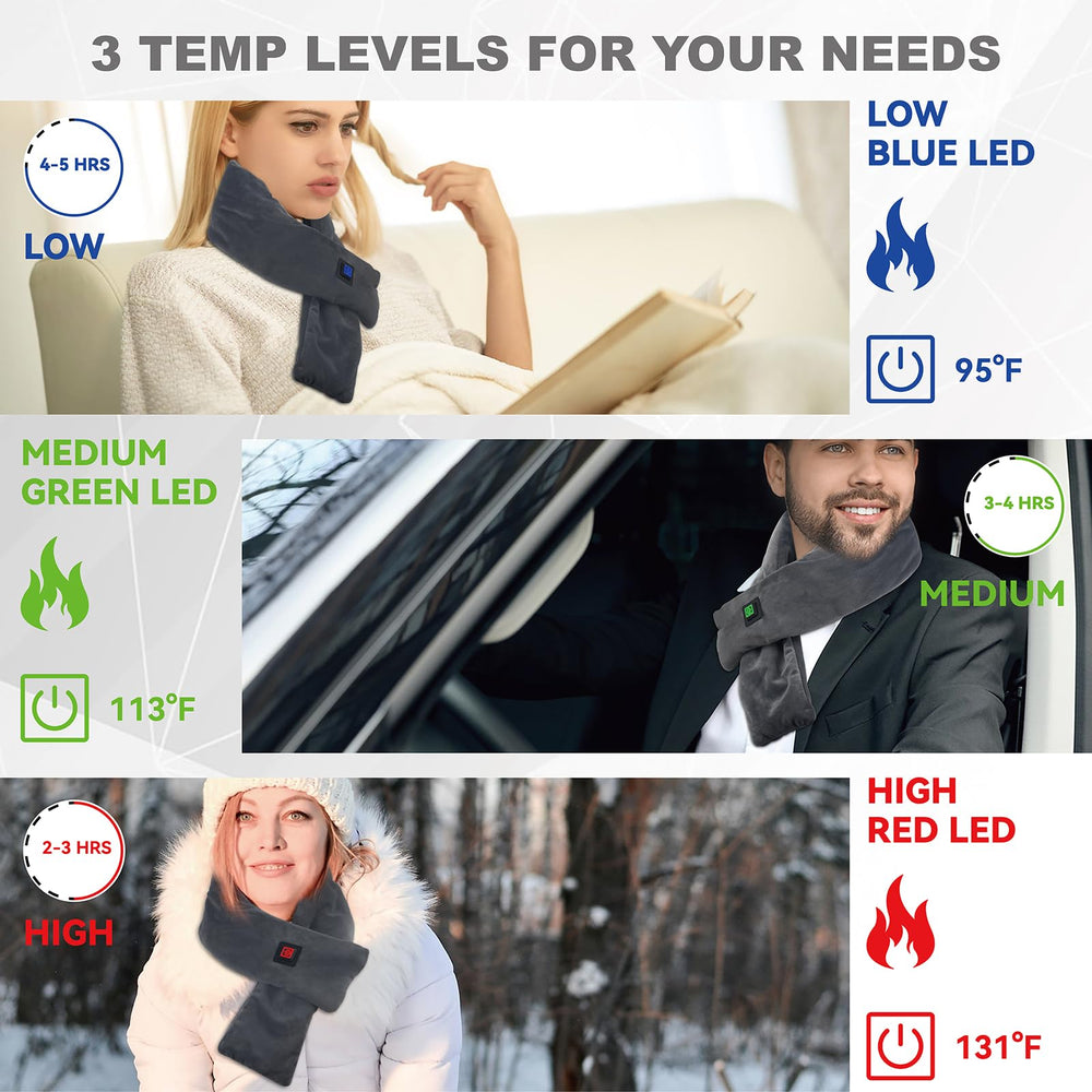 KADORVA heated scarf with 3 heat settings for customizable comfort.