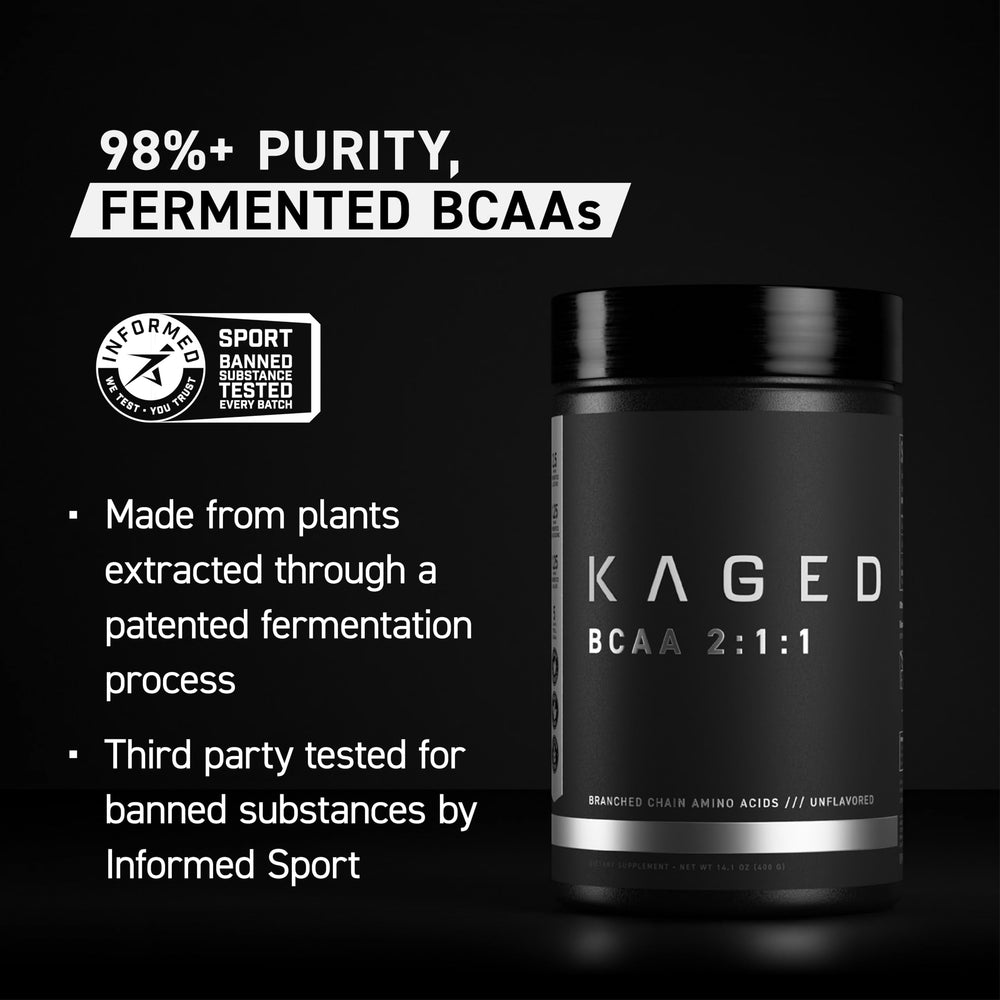 Kaged BCAAs fermented process highlights clean plant-based formula.