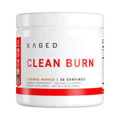 Kaged Clean Burn bottle front showing orange mango powder for an energized workout.