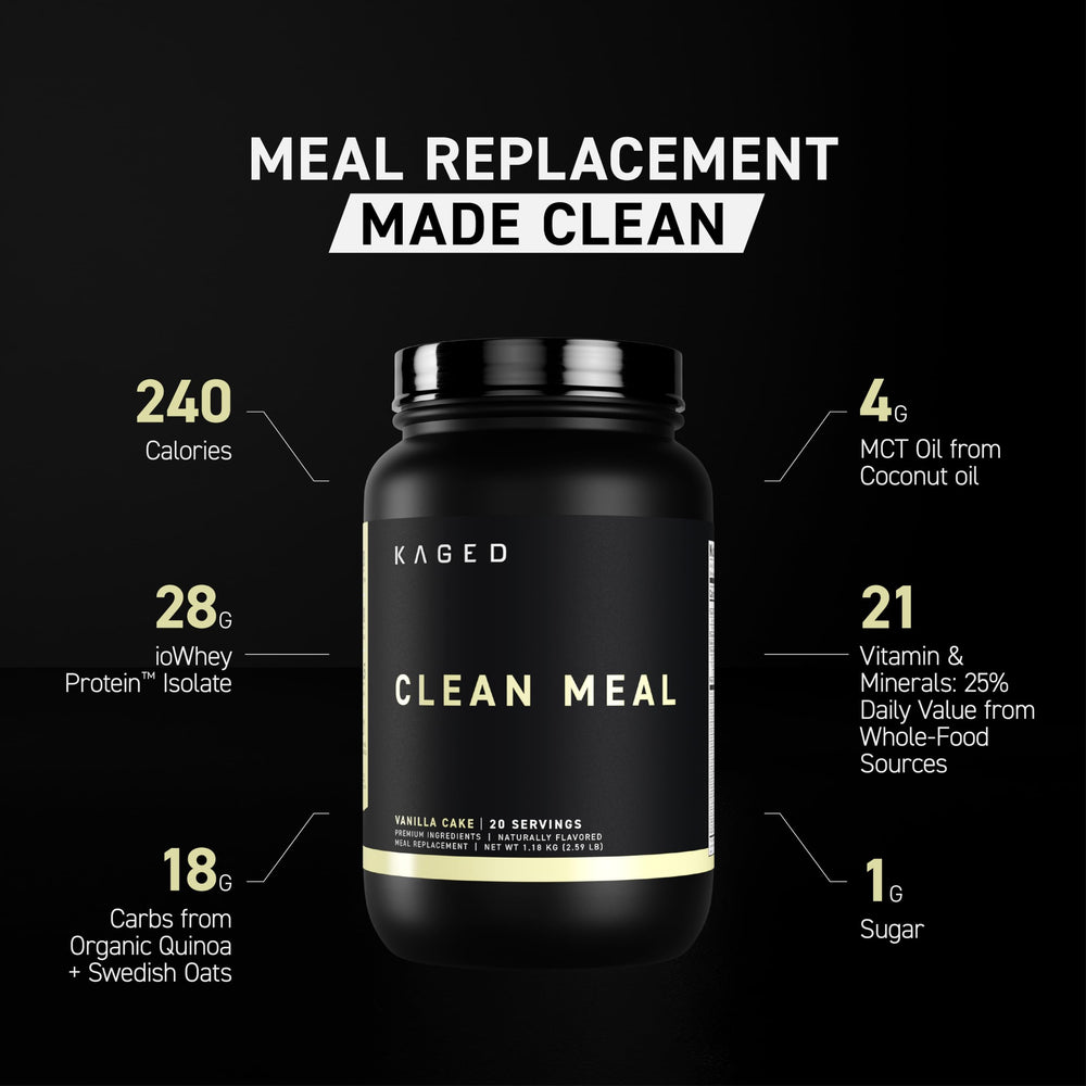 Two scoops of Kaged Clean Meal shake dissolve to a creamy vanilla drink.