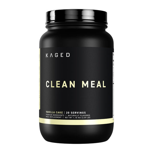 Kaged Clean Meal Vanilla Cake tub front for convenient meal replacement on busy days.