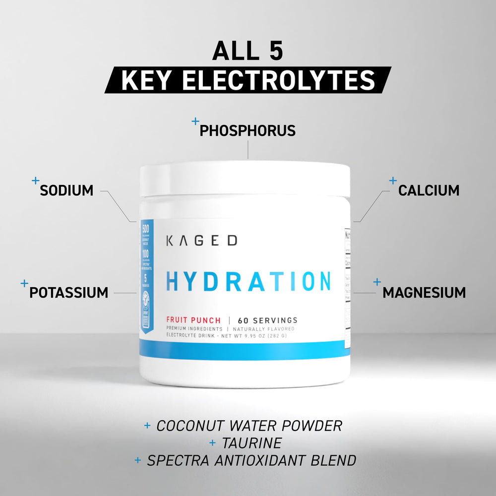 Kaged Daily Hydration five-electrolyte blend supports rapid hydration.