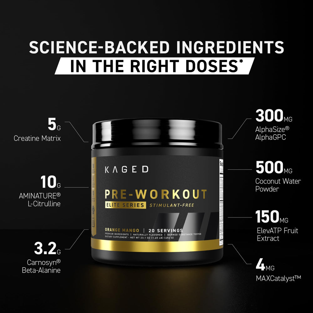 Kaged Pre Workout Elite Stim Free scoop showing precise dosing.