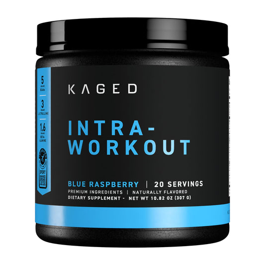 Kaged Intra-Workout blue raspberry bottle showing flavor and serving size for endurance.