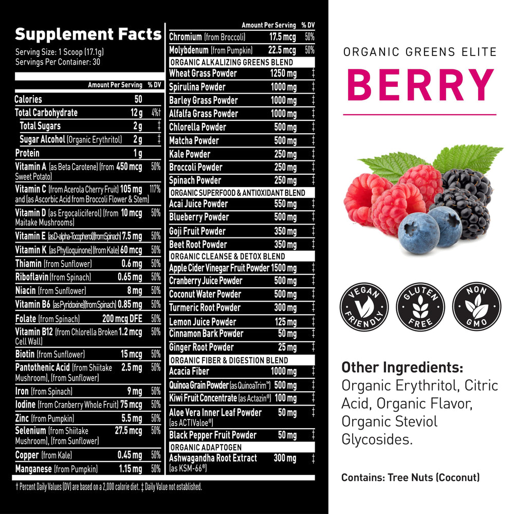 Kaged Organic Greens Elite fresh berries highlighting berry flavor and aroma.