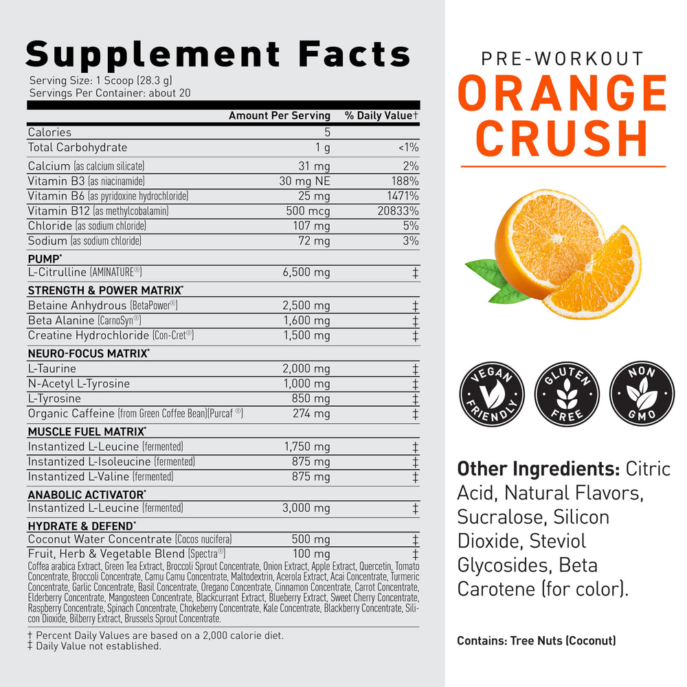 Kaged Original Pre Workout Orange Crush bottle on gym bench signaling convenient serving.