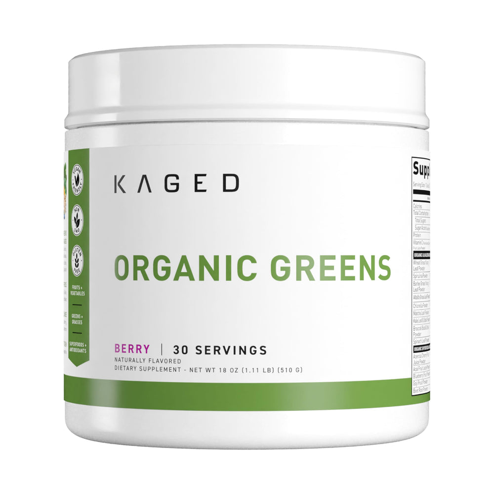 Kaged Outlive100 Berry bottle front showing vibrant superfood powder for daily vitality.
