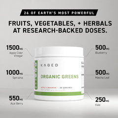 Kaged Outlive100 berry scoop beside glass, convenient daily nutrition.