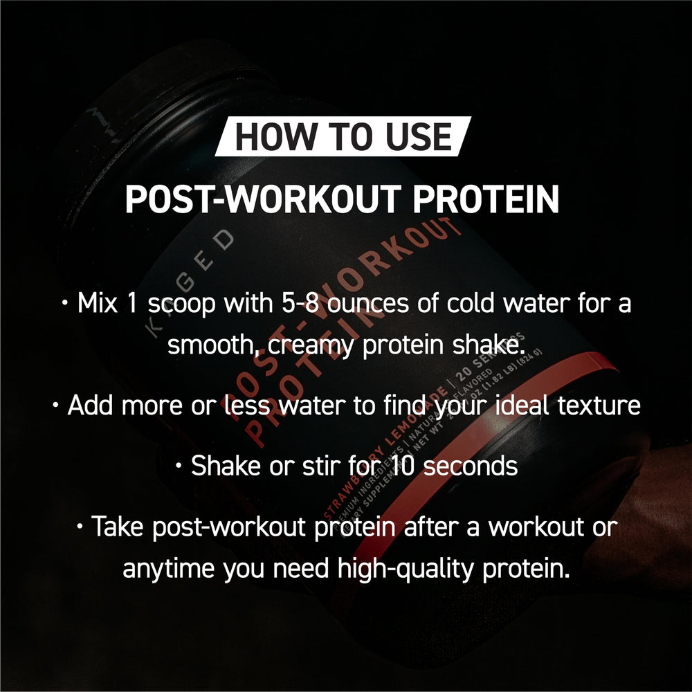 Countertop shot of Kaged protein tub emphasizing recovery support after workouts