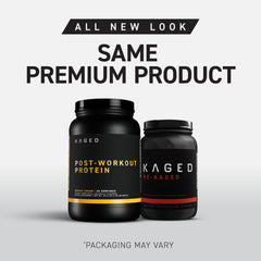 Close-up of Kaged label highlighting ioWhey and ProHydrolase for absorption