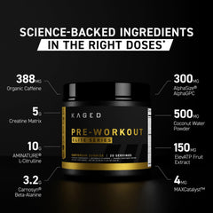 Kaged Pre-Workout Elite scoop beside the tub for precise dosing and consistency.