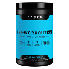Kaged Pre Workout MAX blue raspberry bottle prepared for sustained gym energy