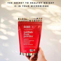 KAIBAE Baobab Powder glass jar on shelf signals long shelf life.
