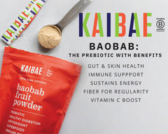 KAIBAE Baobab Powder scoop ready to measure for daily fiber boost.