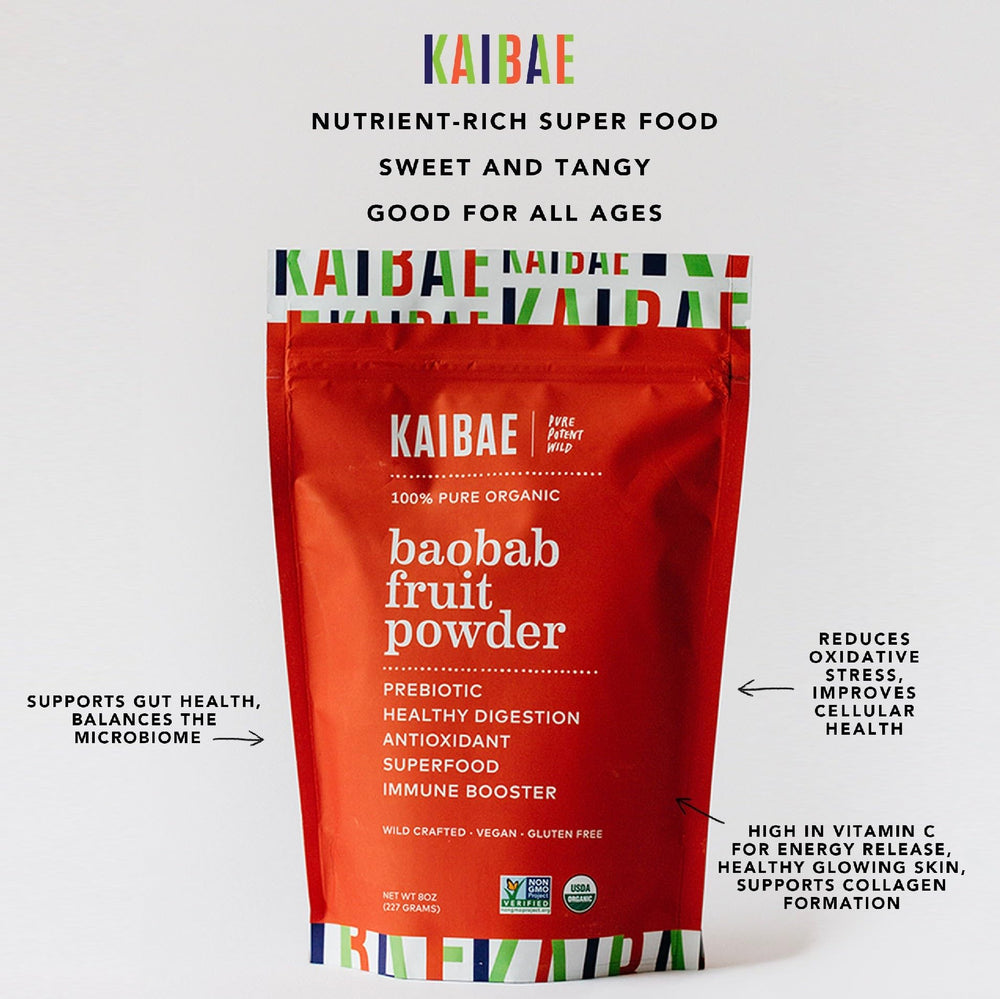 KAIBAE Baobab Powder texture closeup highlights natural ingredients.