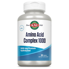KAL Amino Acid Complex Tablets bottle close-up, highlighting quality for daily gym routines.