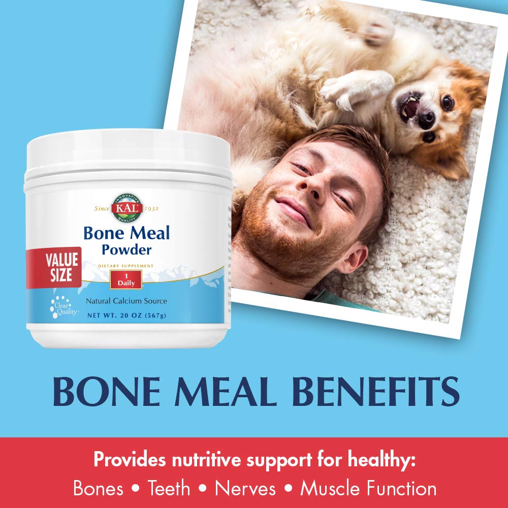 KAL Bone Meal Powder label closeup highlights phosphorus and magnesium content.
