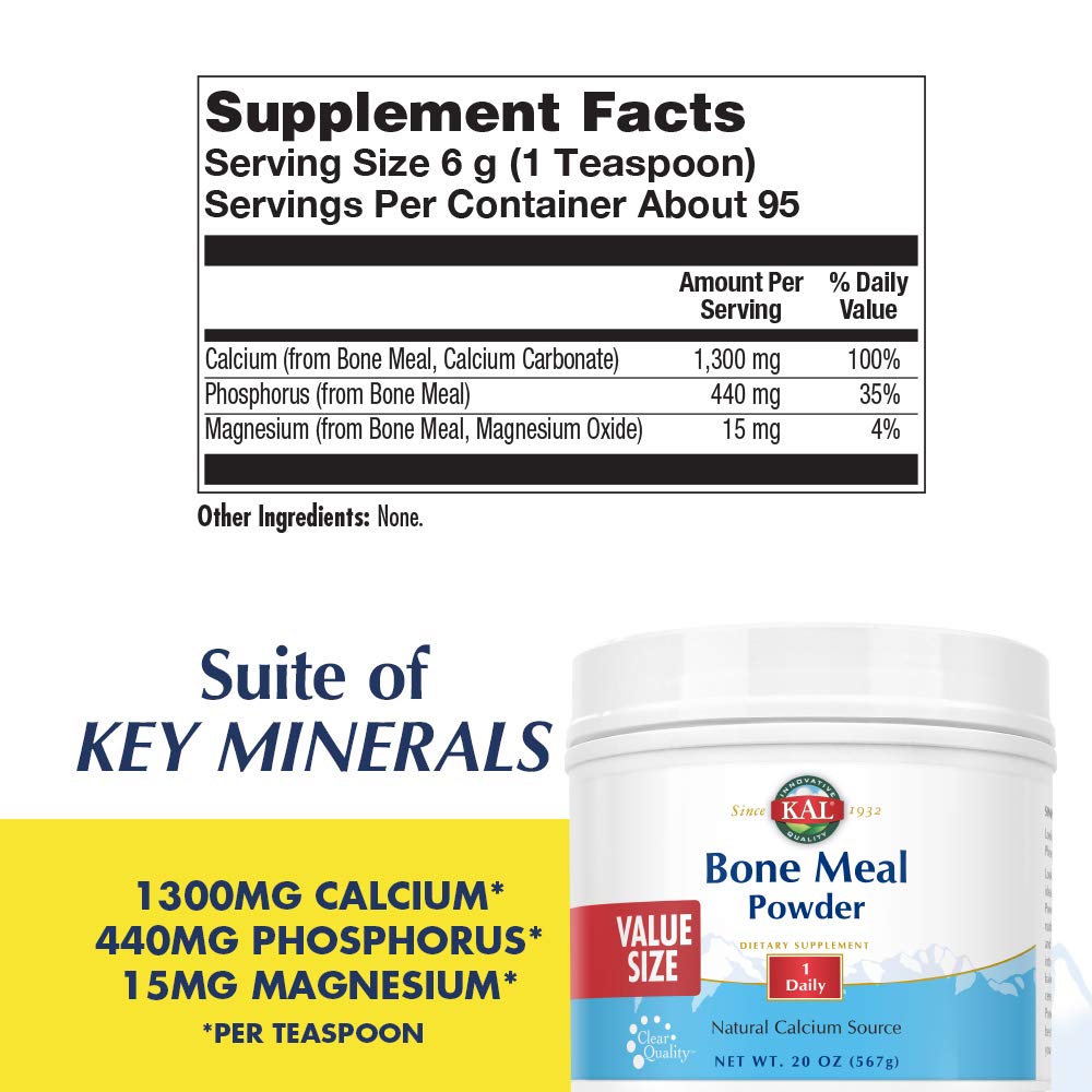 KAL Bone Meal Powder scoop demonstrates easy measuring for daily calcium intake.