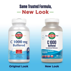 Close-up of KAL C-1000 tablets with 1000 mg dosage for steady release
