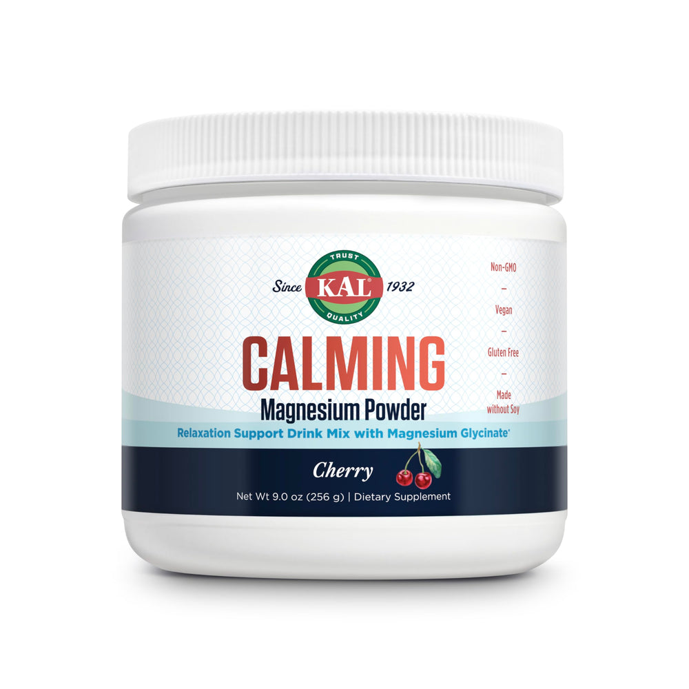 KAL Calming Magnesium Powder cherry bottle for easy daily relaxation support.