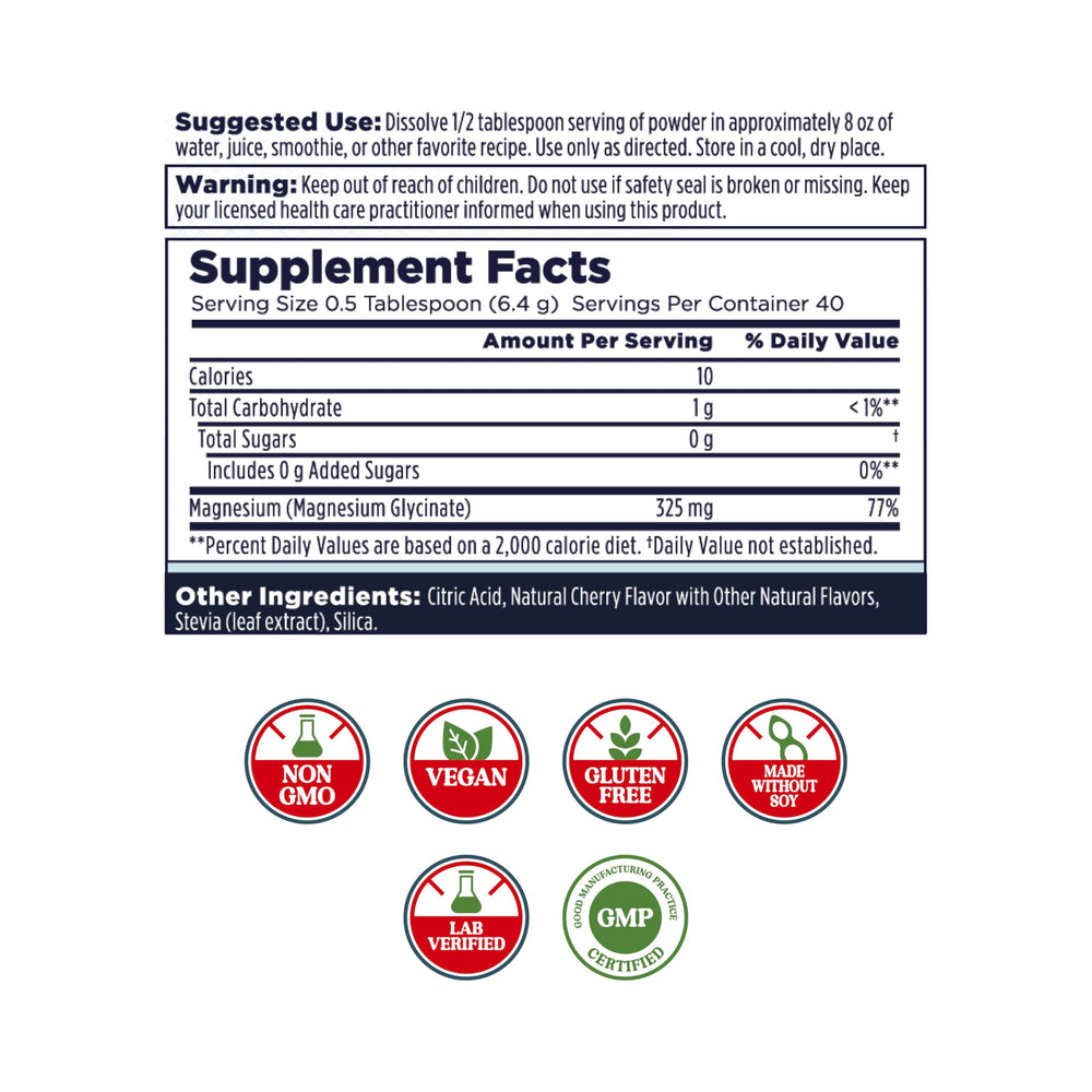 KAL Calming Magnesium Powder cherry scoop with convenient measuring for calm wellness.