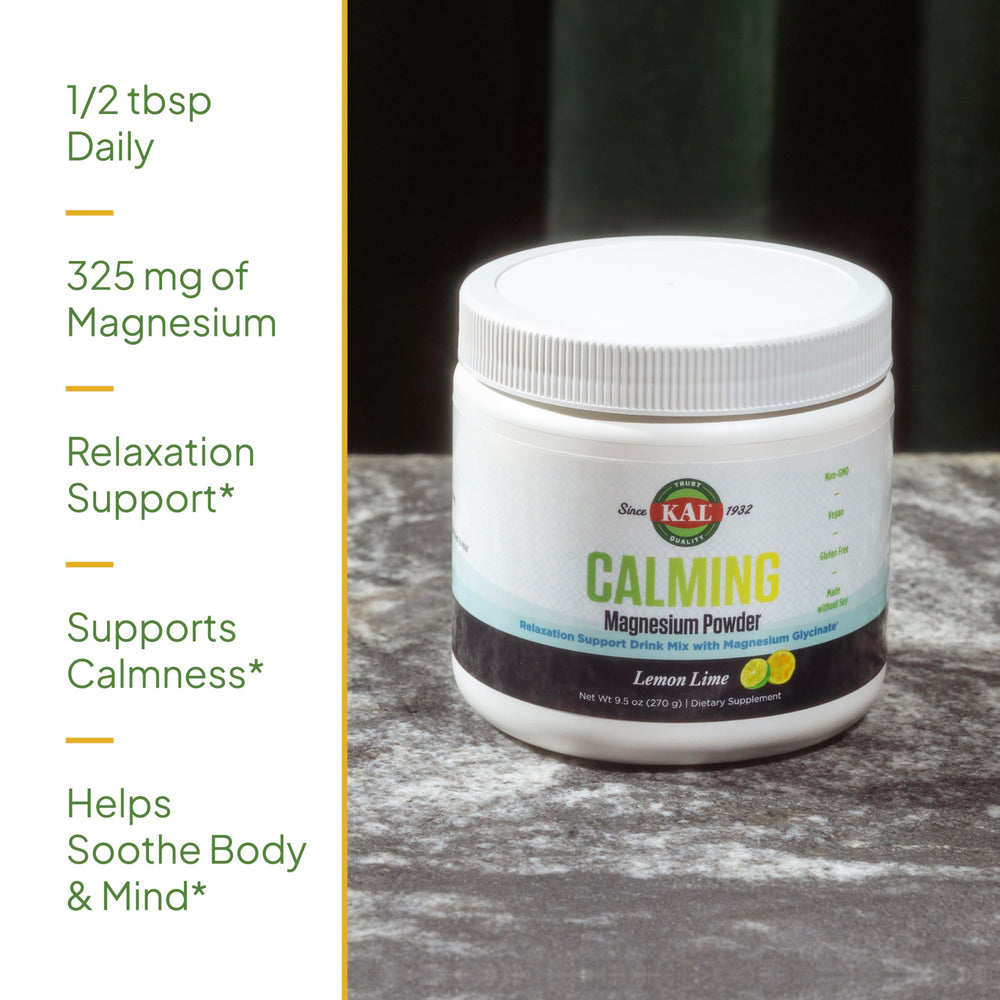 KAL Calming Magnesium Powder label shows vegan, gluten-free, soy-free formula.