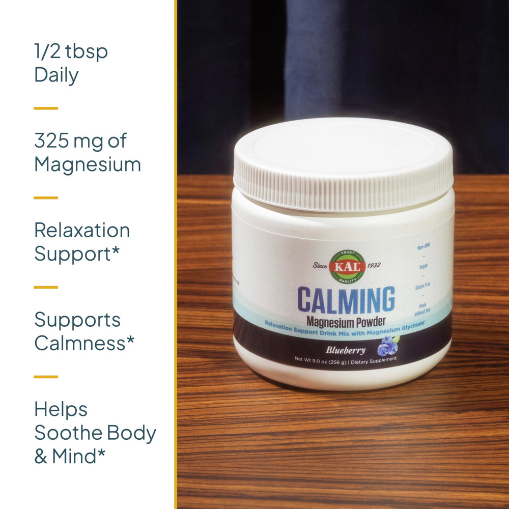 KAL Calming Magnesium blueberry spoon measures a daily serving with ease.