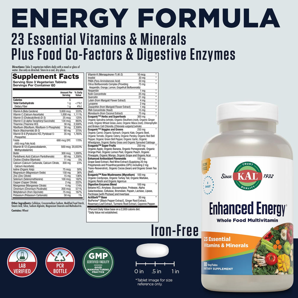Close-up of KAL Enhanced Energy Multivitamin capsules for easy dosing.